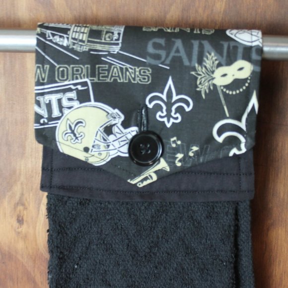 NEW ORLEANS SAINTS BLACK HANDMADE HANGING HAND TOWEL BLACK COTTON HAND TOWEL - Picture 1 of 4